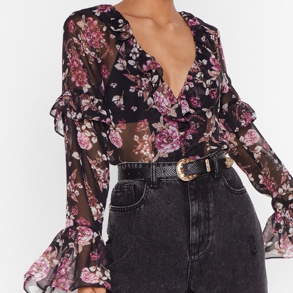 Nasty Gal Tops - Sheer floral ruffle blouse